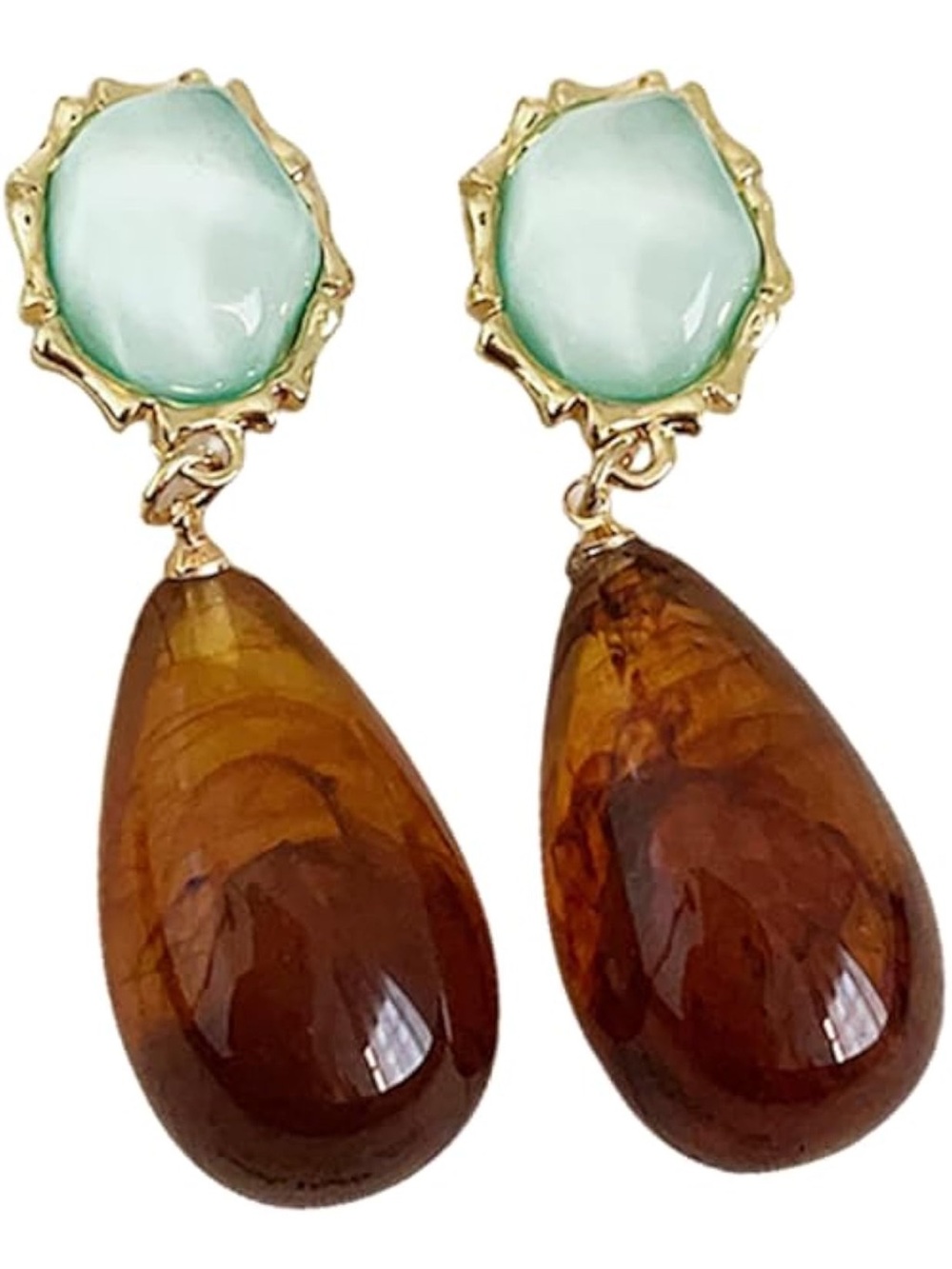 Anthropologie Gold Drop Earrings with Mint Green and Amber Stones